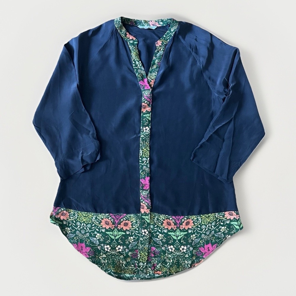 Benares Womens Small 100% Viscose Black Button Up Floral 3/4 Sleeve Casual Work